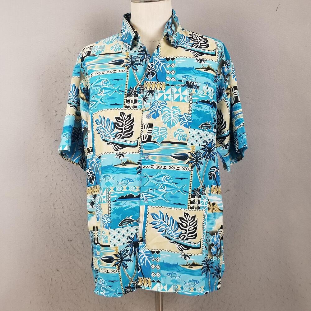 New Image Shirt Mens XL Blue Hawaiian Fish Tropical Aloha Camp Button Front